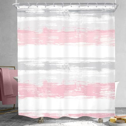 Abstract Gray Pink Women Modern Striped Neutral Bathroom Shower Curtain Set | 60Wx72H Geometric Watercolor design, waterproof HD print with fast-drying fabric and 12 hooks. - color: A3-pink Grey, size: 60"W x 72"L (Pack of 1)