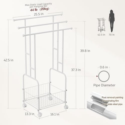 3 Tier FreeStanding Towel Rack with Wheels and Storage Basket | 42.5" H White Metal Towel Drying Rack Outdoor, Pool Towel Stand Display for bathrooms, laundry rooms and pool areas