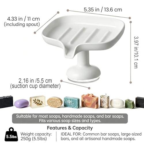 1PCS Self Draining Soap Dish with Suction Cup, Soap Holder for Shower, Bathroom, Sponge Holder for Kitchen Sink, Removable No Damage Stand Bar Soap Tray with Drain Spout Keeps Clean & Dry, White