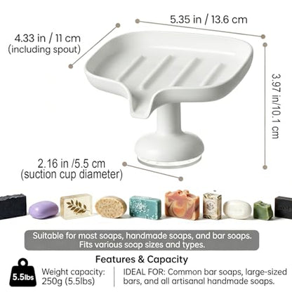 1PCS Self Draining Soap Dish with Suction Cup, Soap Holder for Shower, Bathroom, Sponge Holder for Kitchen Sink, Removable No Damage Stand Bar Soap Tray with Drain Spout Keeps Clean & Dry, White