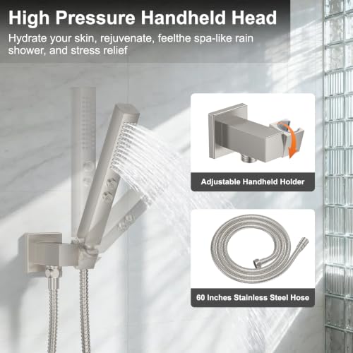Brushed Nickel Rainfall Shower System – Complete Spa Faucet Set with Handheld Sprayer & Mixer Valve – Tub Spout Bathroom Fixture Trim Kit - color: Brushed Nickel, size: 6''+12''+Bathtub Faucet