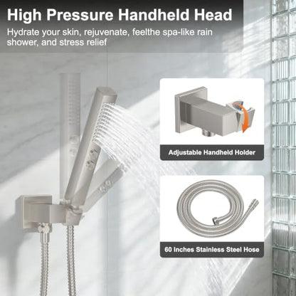 Brushed Nickel Rainfall Shower System – Complete Spa Faucet Set with Handheld Sprayer & Mixer Valve – Tub Spout Bathroom Fixture Trim Kit - color: Brushed Nickel, size: 6''+12''+Bathtub Faucet