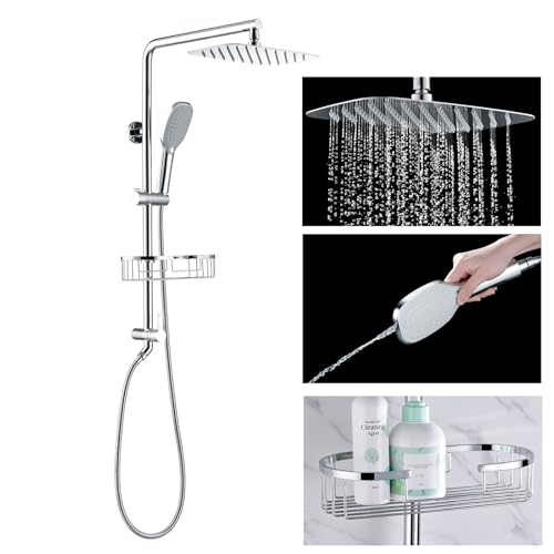 Rain Shower System with Shelf, 12 Inch Rain Shower Head Set with Hand Shower Head, SonTiy Dual Shower Combo with Height Adjustable Holder, Brass Valve, Chrome - color: Chrome, style: 2.5 Gallons Per Minute-Square