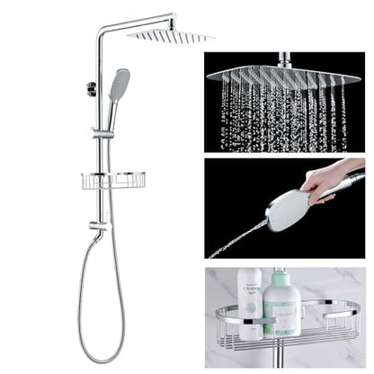 Rain Shower System with Shelf, 12 Inch Rain Shower Head Set with Hand Shower Head, SonTiy Dual Shower Combo with Height Adjustable Holder, Brass Valve, Chrome - color: Chrome, style: 2.5 Gallons Per Minute-Square