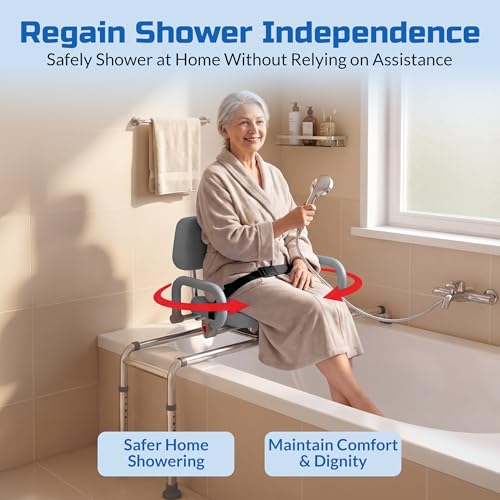 Carousel Sliding Shower Chair Tub Transfer Bench with Swivel Seat Elderly | Slide Safely In & Out of the Tub - Gray, padded seat, padded armrests, swivel seat, backrest, portable, tool-free assembly - color: Gray