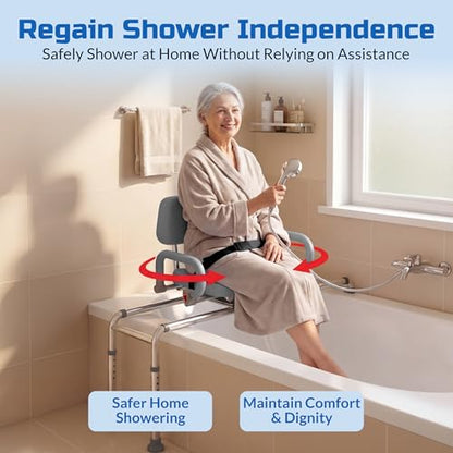 Carousel Sliding Shower Chair Tub Transfer Bench with Swivel Seat Elderly | Slide Safely In & Out of the Tub - Gray, padded seat, padded armrests, swivel seat, backrest, portable, tool-free assembly - color: Gray