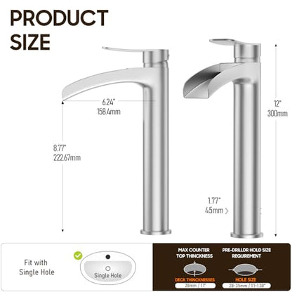 Phiestina Brushed Nickel Tall Bathroom Vessel Sink Faucet, Single Hole Single Handle Waterfall Modern Above Countertop Sink Bathroom Faucet, with Pop Up Drain and Water Supply Line, NS-SF01-BN-V - color: Brushed Nickel, style: 1 pack