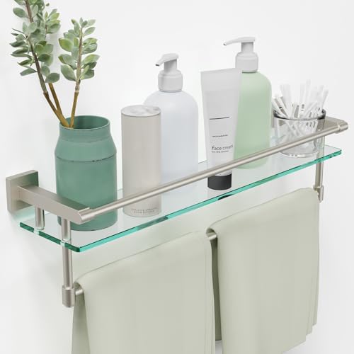24-Inch Modern Wall-Mounted Bathroom Glass Shelf with 1 Shelf, Brushed Nickel, 1 Towel Bar, 45 lbs Weight Capacity - color: Brushed Nickel, size: 24-inch with Railing
