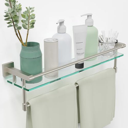 24-Inch Modern Wall-Mounted Bathroom Glass Shelf with 1 Shelf, Brushed Nickel, 1 Towel Bar, 45 lbs Weight Capacity - color: Brushed Nickel, size: 24-inch with Railing
