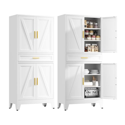 71" Tall Kitchen Pantry Cabinet,Farmhouse Pantry Cabinet,Metal Cabinet with Adjustable Shelves and Drawer,Storage Cabinet for Kitchen Dining Room Garage,White 1 Pack - color: White, size: 15.8"D x 31.5"W x 71"H-2