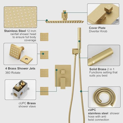 Hoimpro 12 Inch Rainfall Shower Faucet with 4 Full Body Shower Jet Fixtures Combo, Wall Mounted Shower System Set with Rain Mixer Shower Head and 2 in 1 Spray Handheld Showerhead, Brushed Gold - color: Brushed Gold