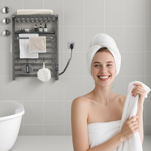 Wall Mounted Heated Towel Warmer Rack for Bathroom, Matching 8-Grid Electric Towel Warmer and 5 Hooks Auto Shut-Off Timer, LED Display Panel, for Bathroom Shower Hot Tub (Black)