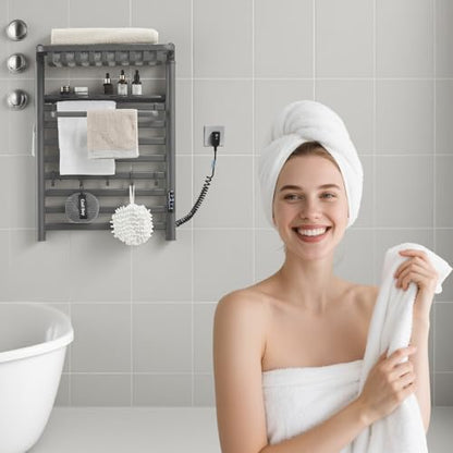 Wall Mounted Heated Towel Warmer Rack for Bathroom, Matching 8-Grid Electric Towel Warmer and 5 Hooks Auto Shut-Off Timer, LED Display Panel, for Bathroom Shower Hot Tub (Black)