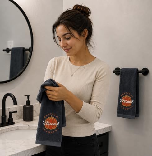 Serafina Home Harvest Fall Hand Towels for Bathroom: Plush Gray Grey Embroidered Grateful Thankful Blessed Orange Pumpkin Design for Bath, 100% Cotton, 16" x 25" Inches, Oeko-TEX Certified - color: Grateful