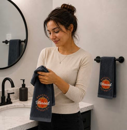 Serafina Home Harvest Fall Hand Towels for Bathroom: Plush Gray Grey Embroidered Grateful Thankful Blessed Orange Pumpkin Design for Bath, 100% Cotton, 16" x 25" Inches, Oeko-TEX Certified - color: Grateful