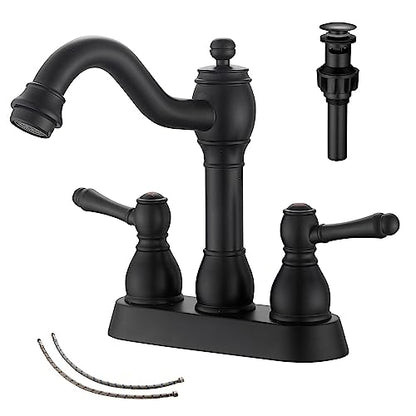 Matte Black Bathroom Faucet 2 Handles 4 Inches Centerset RV Black Bathroom Vanity Faucet with Drain Assembly and Supply Hose Lavatory Faucet - color: Black, size: Centerset