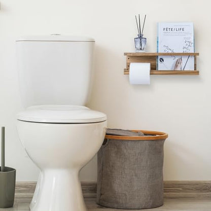 MyGift Wood Toilet Paper Holder with Magazine Rack, Bathroom Magazine Holder Wall Mounted, Durable & Functional, Premium Acacia