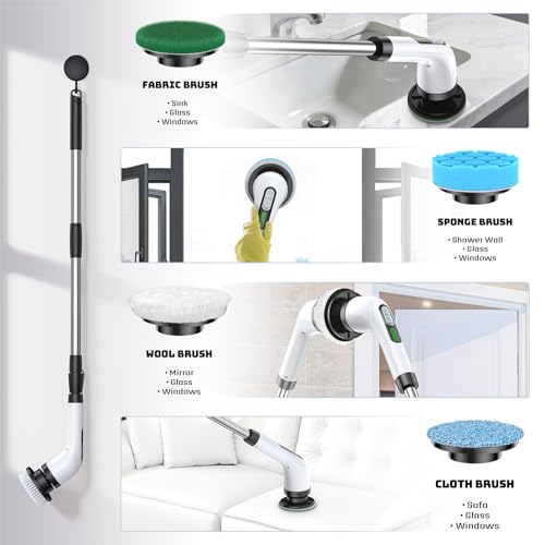 Electric Spin Scrubber, 2-Speed Cleaning Brush, Extendable Handle (White) | Includes 7 reusable brush heads and an IPX7-rated design for cleaning bathrooms, showers, kitchens, tile, floors, and grout - color: White