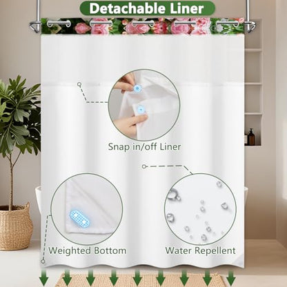 No Hook Floral Shower Curtain with Liner, Washable Cloth Fence Pink Roses Shower Curtain with Mesh Top Window and Weighted Bottom, Waterproof Fabric Summer Shower Curtains for Bathroom, 71"W x 74"L - color: Fence Rose