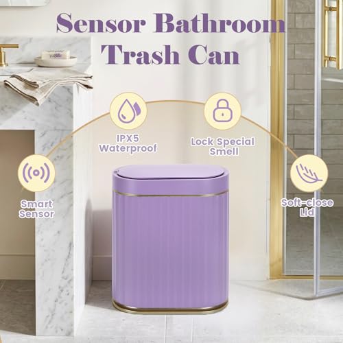 ELPHECO Bathroom Sensor Trash Can, 2 Gallon, Automatic Lid, Purple | IPX5 Waterproof Garbage Can, Slim Plastic Wastebasket, Trash Bin for Office, Bedroom and Living Room - color: Purple Gold