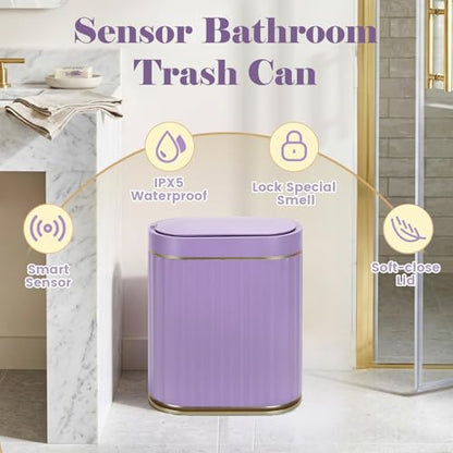 ELPHECO Bathroom Sensor Trash Can, 2 Gallon, Automatic Lid, Purple | IPX5 Waterproof Garbage Can, Slim Plastic Wastebasket, Trash Bin for Office, Bedroom and Living Room - color: Purple Gold