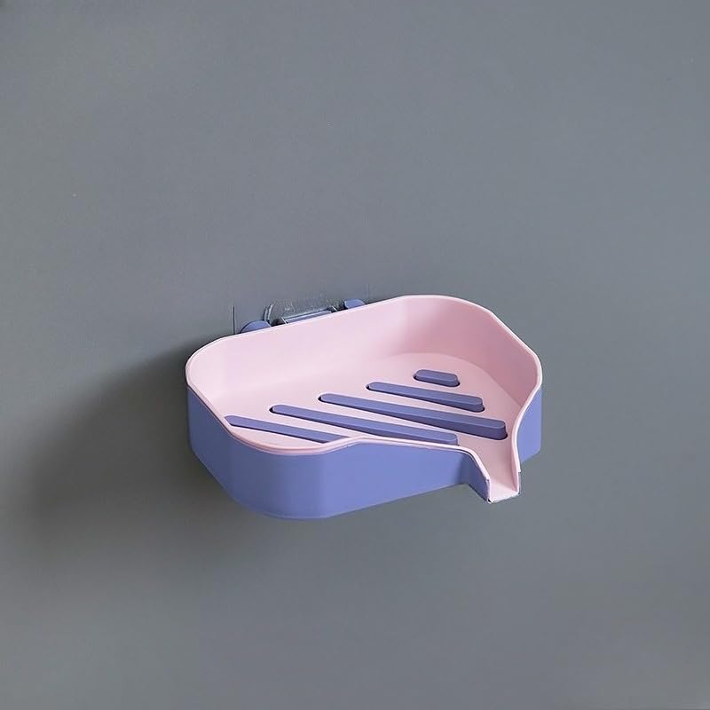 1pc Double Layer Soap Dish Wall Mounted Bathroom Soap Holder with Drain Holes Creative Color Matched Design Adhesive No Drill Installation (Pink Purple)