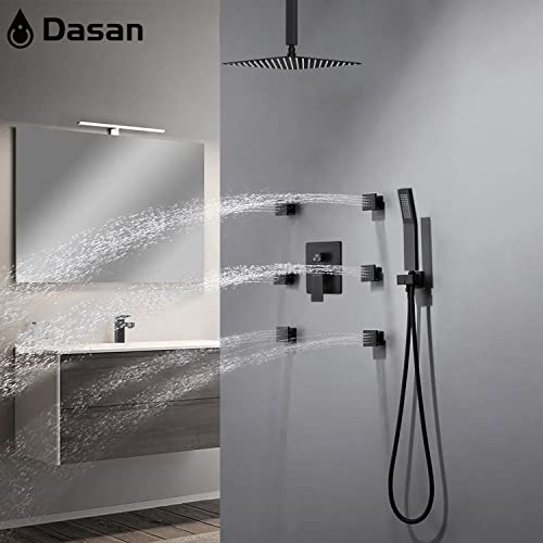 DASAN Full Body Shower System with 6 PCS Body Spray Jets & 12'' Rain Shower Head & Handheld, Ceiling Mount Rain Shower System Matte Black Shower Faucets Sets Complete with Valve, SA-SS03AMB-S12C2 - color: Black