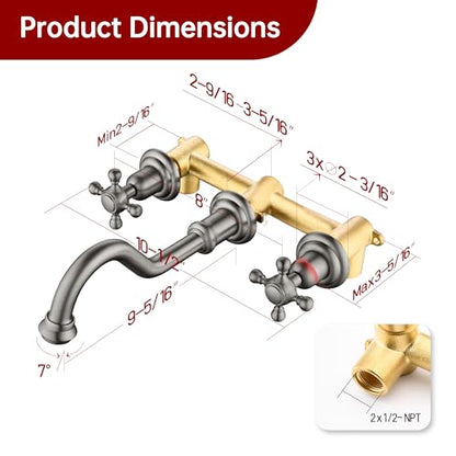 SUMERAIN Traditional Brushed Nickel Wall Mounted Bathroom Sink Faucet | 3 Holes, 2 Cross Handles, Rough-in Valve Included - color: Brushed Nickel