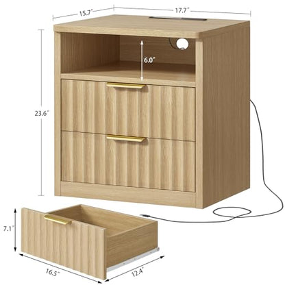 Fluted Night Stand, Nighstand with Charging Station and LED Light, Modern Bed Side Table for Small Space, Storage Drawer and Open Shelf, for Bedroom, Natural - color: Unbzx024rd-zf