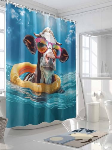 Waterproof Fabric Shower Curtain Cow Swimming in The Sea Shower Curtains for Bathroom, Quick-Drying, Machine Washable 72x72 Inch - color: Teal Blue, size: 72"W x 72"L (Pack of 1)