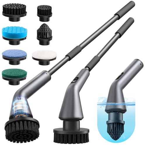 Electric Spin Scrubber, IPX7 Waterproof 2-Speed, Extendable Long Handle Cordless Cleaning Brush with 7 Replacement Brush Heads for Bathroom Shower Bathtub Glass Tub Tile Floor Car