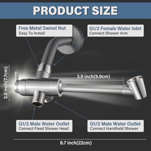 All Metal Shower Diverter Valve with Handshower Holder, YDmeet Upgraded 3 Way Shower Head Diverter for Handheld and Fixed Rain Showerhead, Universal G1/2 shower Diverter Bathroom Part, Brushed Nickel - color: Nickel Brushed