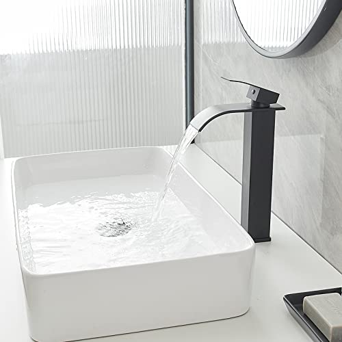Vessel Sink Faucet Black Waterfall Bathroom Faucet with Drain Assembly | Stainless Steel,Single Handle One Hole,Deck Mount,Modern Bowl Sink Faucet,with 3/8" Supply Hose,Lead-Free by Bathfinesse - color: Matte Black