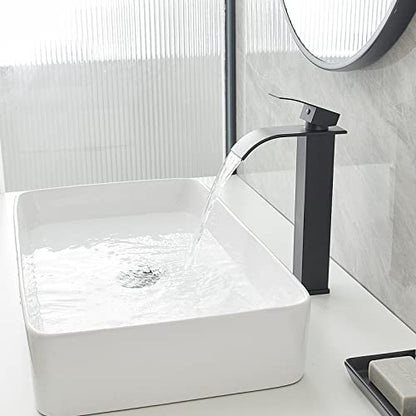 Vessel Sink Faucet Black Waterfall Bathroom Faucet with Drain Assembly | Stainless Steel,Single Handle One Hole,Deck Mount,Modern Bowl Sink Faucet,with 3/8" Supply Hose,Lead-Free by Bathfinesse - color: Matte Black