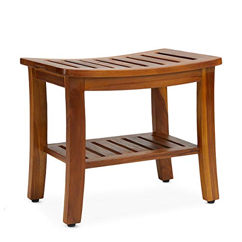 Teakcraft Teak Shower Bench & Stool for Inside Shower, 21", Fully Assembled | Patented, Waterproof solid teak, holds 350 lbs. Non-slip feet. Spa bath seat for elderly, leg shaving, sauna, outdoor