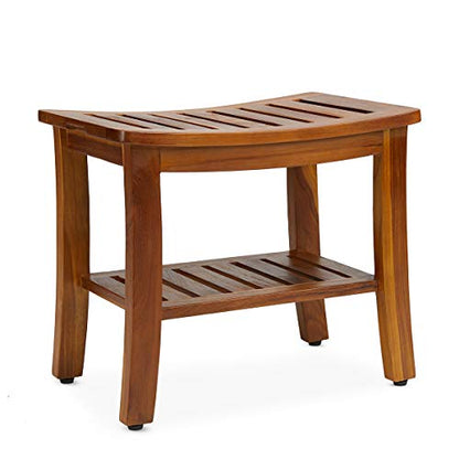 Teakcraft Teak Shower Bench & Stool for Inside Shower, 21", Fully Assembled | Patented, Waterproof solid teak, holds 350 lbs. Non-slip feet. Spa bath seat for elderly, leg shaving, sauna, outdoor