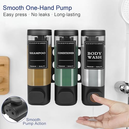 3-Chamber Wall Mount Shower Dispenser, No-Drill or Drill Install for Shampoo, Conditioner, Body Wash, Refillable Soap Dispenser for Home, RV & Hotel, Eco-Friendly & Space-Saving (Matte Black) - color: Matte Black