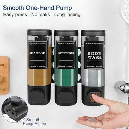 3-Chamber Wall Mount Shower Dispenser, No-Drill or Drill Install for Shampoo, Conditioner, Body Wash, Refillable Soap Dispenser for Home, RV & Hotel, Eco-Friendly & Space-Saving (Matte Black) - color: Matte Black