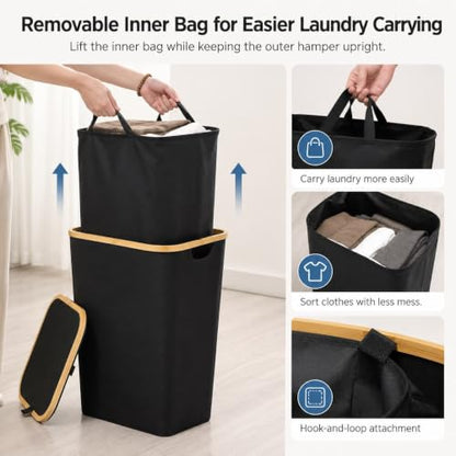 Slim Bamboo Laundry Hamper with Lid, Collapsible Clothes Hamper with Removable Inner Bag and Fiberglass Support Rods, Narrow Laundry Basket for Bedroom Bathroom Dorm, Black, 15.7 x 11.8 x 23.6 In