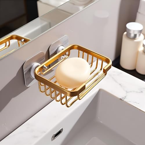 2Pcs Gold Stainless Steel Adhesive Soap Dish,Secure Bar Soap Holder for Shower Wall,Drill Free Soap Holder Storage Rack, Rack Soap Tray Bar for Bathroom and Kitchen Soap Dishes