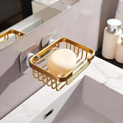 2Pcs Gold Stainless Steel Adhesive Soap Dish,Secure Bar Soap Holder for Shower Wall,Drill Free Soap Holder Storage Rack, Rack Soap Tray Bar for Bathroom and Kitchen Soap Dishes