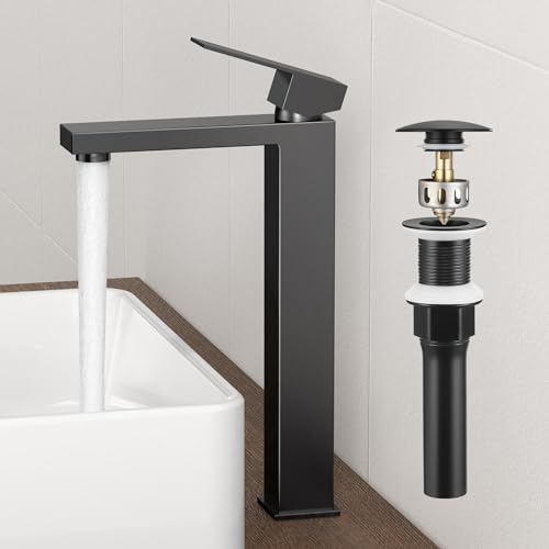 KES Vessel Sink Faucet and Drain Combo, Black Bathroom Faucets, Tall Faucets, All-Metal Pop Up Sink Drain NO Overflow, Matte Black, L3156BLFF12-BK-C2 - color: Black, style: w/ Drain (NO Overflow) - TALL Faucet