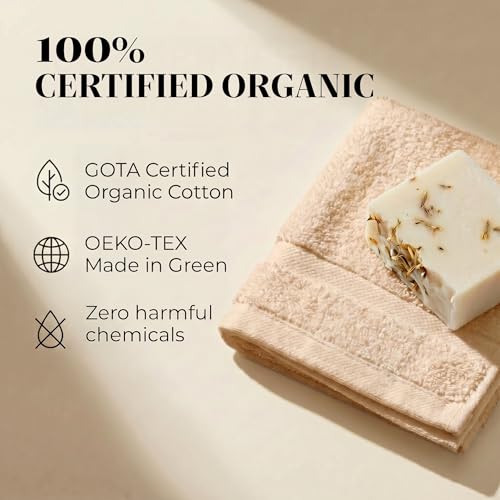 12 Pack Organic Cotton Washcloths, 700 GSM, 13x13 in – Beige | Plush face towels set, soft, absorbent, quick-drying wash cloths for showering, GOTS & Oeko-TEX, baby face cloths, 13x13 in - color: Beige