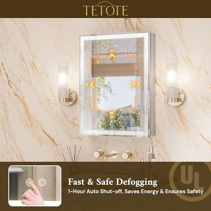 TETOTE 36 x 32 Medicine Cabinet with Lights, Adjustable Shelves, Silver Aluminum Cabinet, Anti-Fog Stepless Dimmable 3 Colors White/Warm/Natural, Easy to Install(Wall Mount/Recessed) - color: Silver, size: 32"L x 36"W