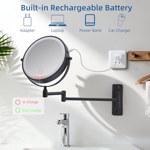 Wall Mounted Makeup Mirror with Light, 8" Double Sided 1X/10X Magnifying Mirror, Rechargeable, 3 Color Lights, Touch Dimmable, 360° Rotation & Extendable Arm
