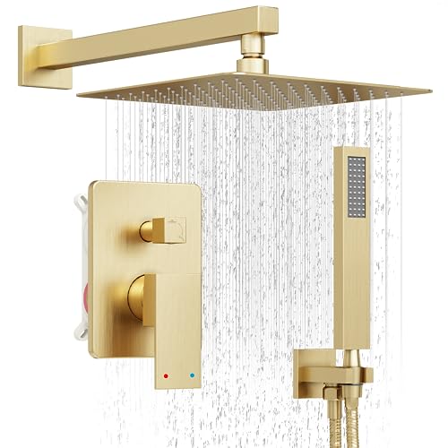 10" Rain Gold Shower System with Handheld & Valve, Brushed Gold | Wall-Mounted High-Pressure Shower Faucet Combo Set, 10-Inch Rain Shower Head with Handheld Spray,Includes Valve and Trim Kit - color: Brushed Gold 10