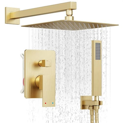 12" Rain Shower System with Handheld & Valve, Brushed Gold | Wall-Mounted High-Pressure Shower Faucet Combo Set, 12-Inch Rain Shower Head with Handheld Spray,Includes Valve and Trim Kit - color: Brushed Gold 12
