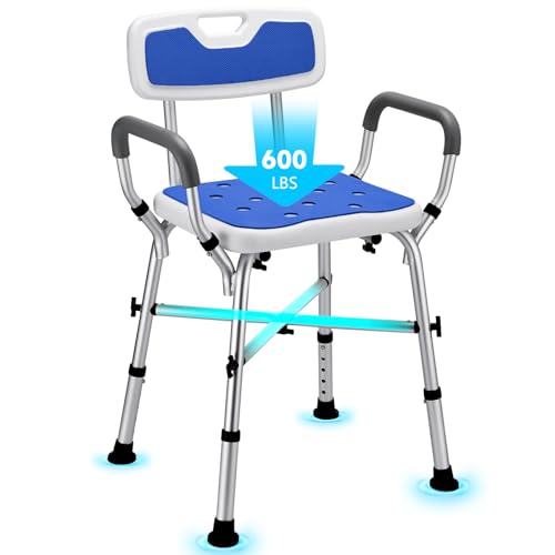 Shower Chair for Inside Shower, 600 lb Adjustable Chair with Arms and Back | FSA/HSA Eligible, 600lb Capacity, Crossbar Design, Adjustable Height, Tool-Free, Non-Slip Bath Chair for Elderly and Disabled - color: Blue