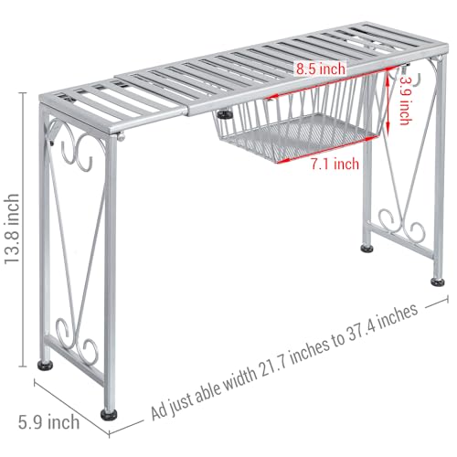 MyGift Silver Metal Over The Sink Organizer Shelf with Pull Out Drawer, Expandable Kitchen Caddy Rack, Bathroom Storage Shelf Riser with Scrollwork Design - color: Silver