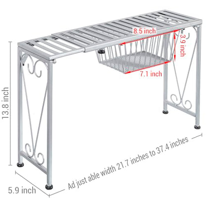MyGift Silver Metal Over The Sink Organizer Shelf with Pull Out Drawer, Expandable Kitchen Caddy Rack, Bathroom Storage Shelf Riser with Scrollwork Design - color: Silver